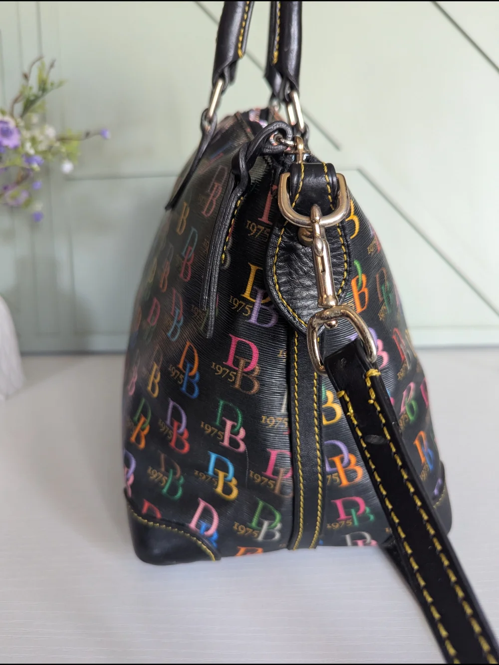 Dooney & Bourke Black Satchel with Multicolor DB Logo Print